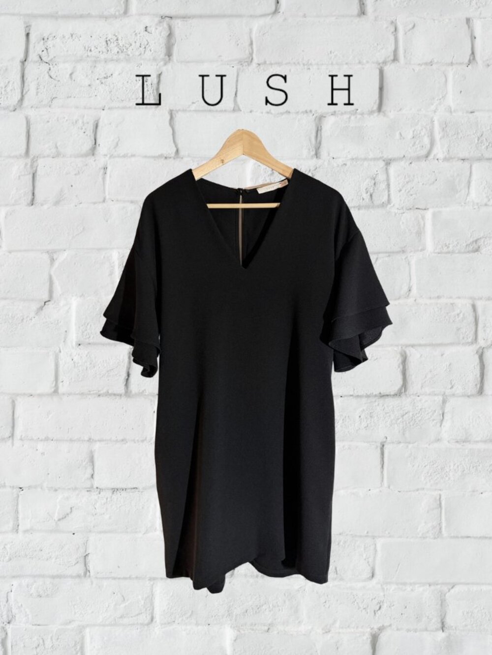Lush Black Shift Dress Flutter Sleeve Midi - Medium